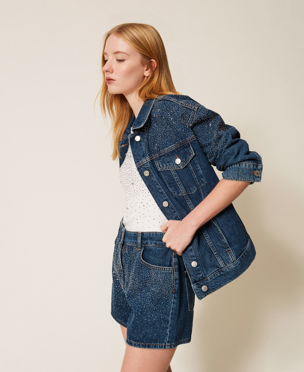 Actitude By Twinset Denim Shorts With Rhinestones