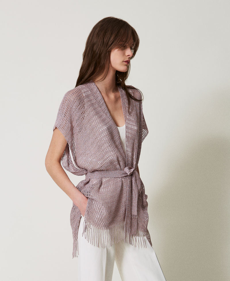 Short mesh and lurex kaftan with fringes Lilac Flowers Woman 251TO5190_00703_02