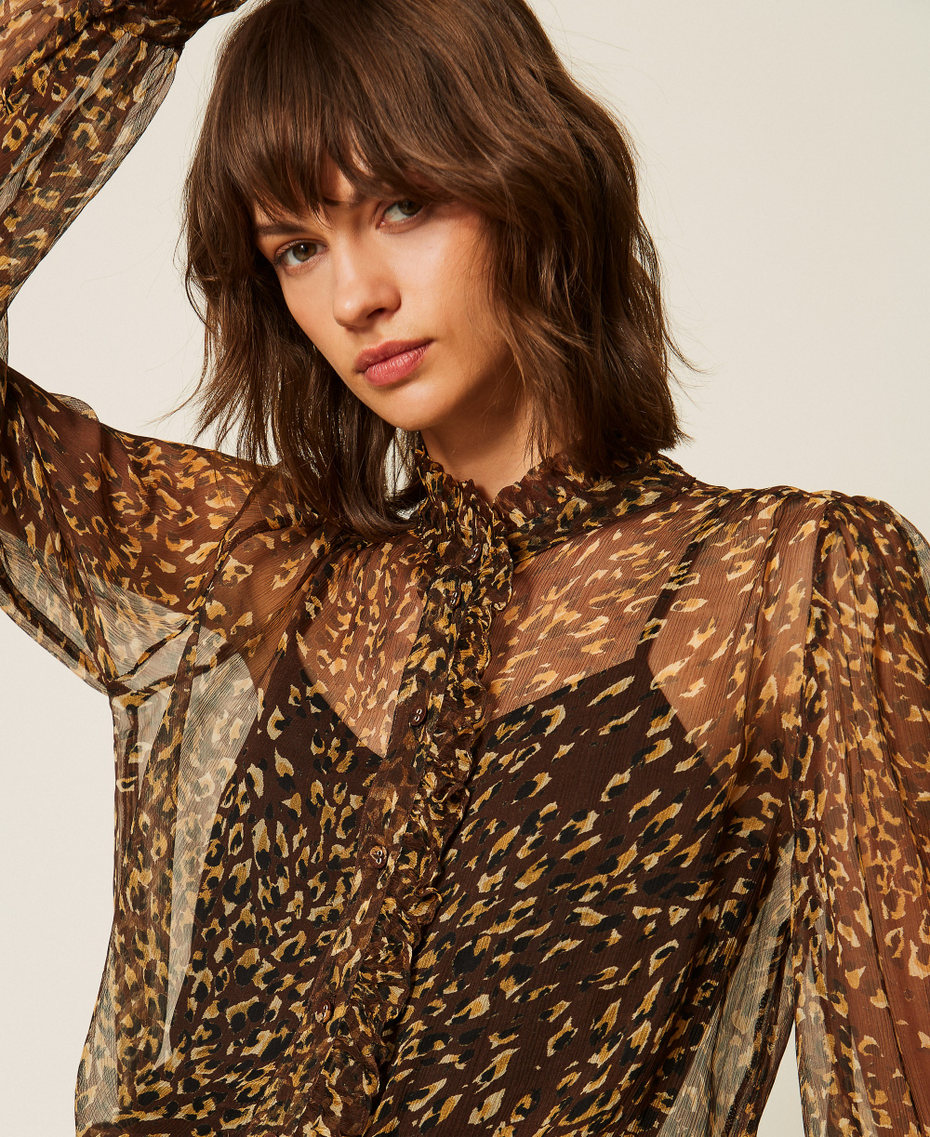 Hemd aus Seidenkrepon mit Animal-Dessin Animal Print Brown / Gold Frau 262TP269B_13873_04