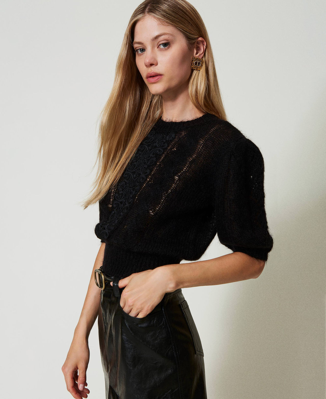 Mohair and wool jumper with lace Black Woman 242TP3423_00006_02