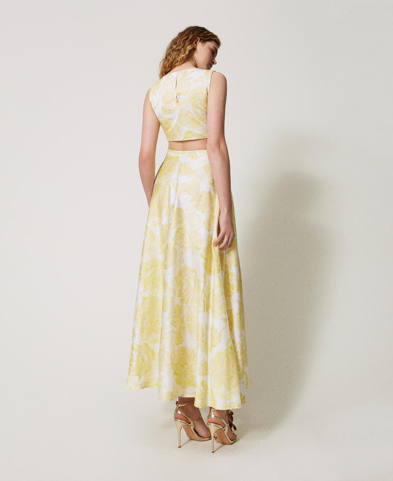 Long printed dress with rose appliqué Yellow Pear Roses Woman 251AX2030_12434_02