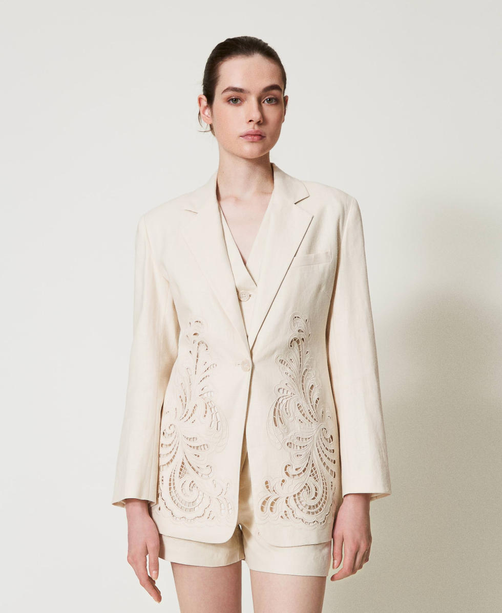 Linen blend jacket with embroidery Mother Of Pearl Woman 251TP2160_00059_02