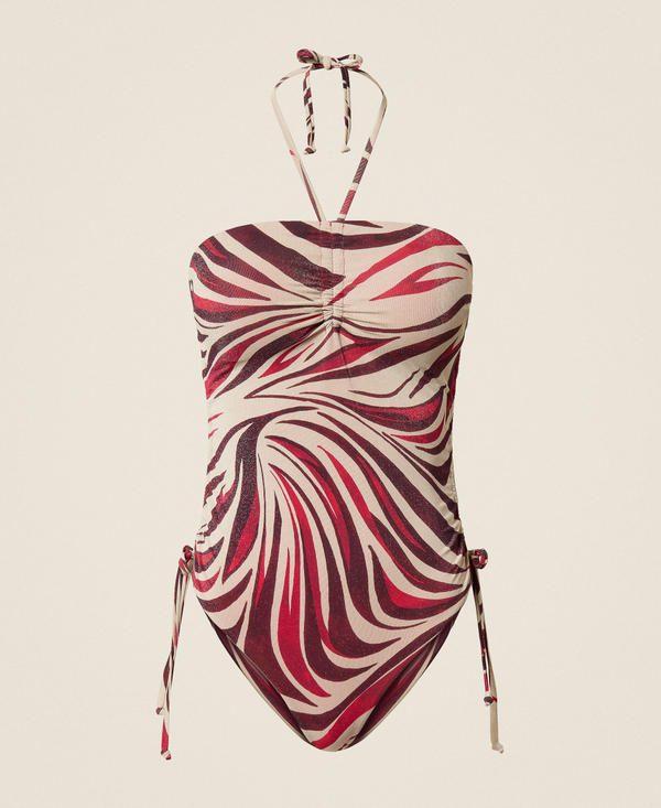 One-piece swimsuit with lurex and print
