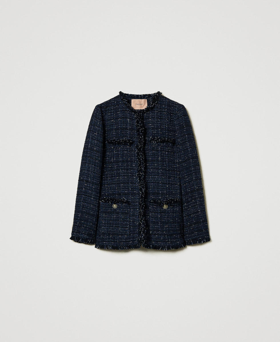 Boucl&eacute; jacket with logoed buttons Blue Denim / Black Boucl&egrave; Woman 242TT2391_12006_S0