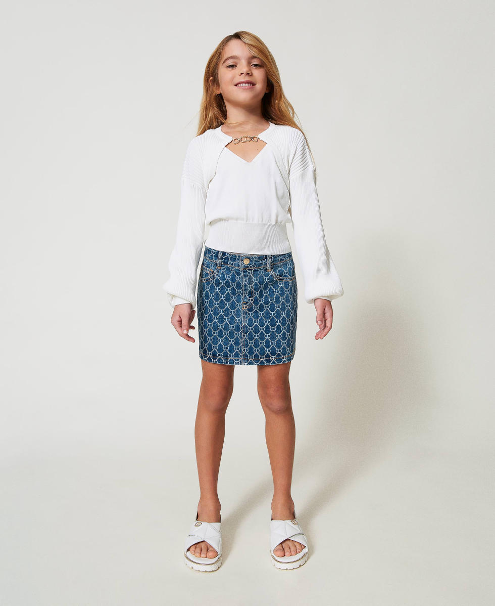 Denim miniskirt with Oval T logo all over