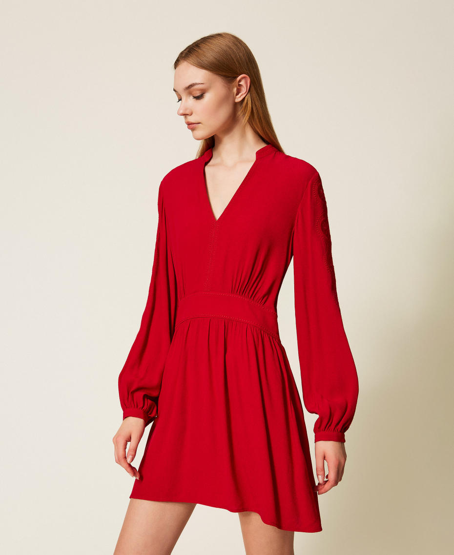 Short cr&ecirc;pe dress with embroidery Venetian Red Woman 252TP2150_00740_02