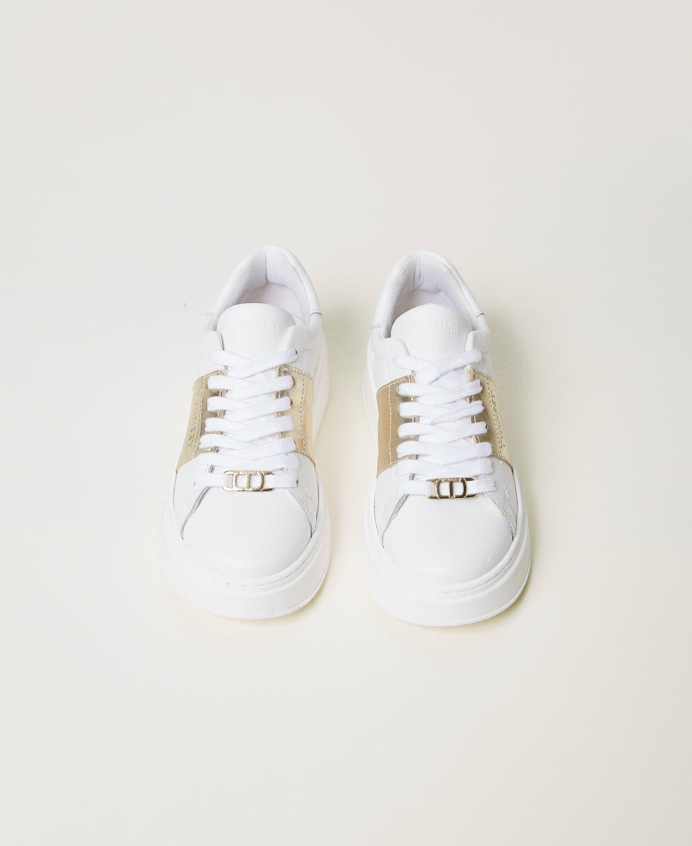 Leather trainers with laminated stripe Two-tone Optical White/Platinum Girl 251GCJ012_12173_04