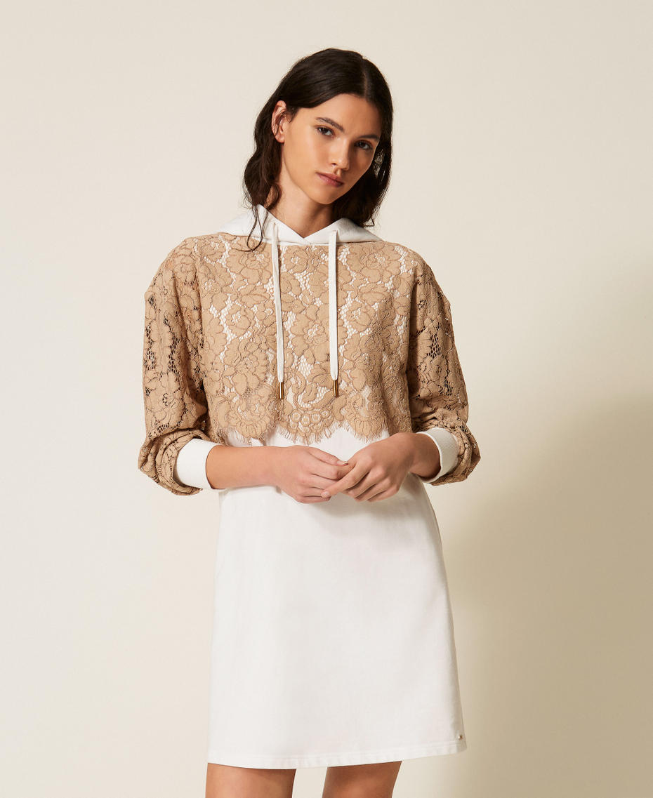 Robe courte en molleton et dentelle Bicolore Incense/Blanc Cass&eacute; Femme 261LL2AAA_13298_01