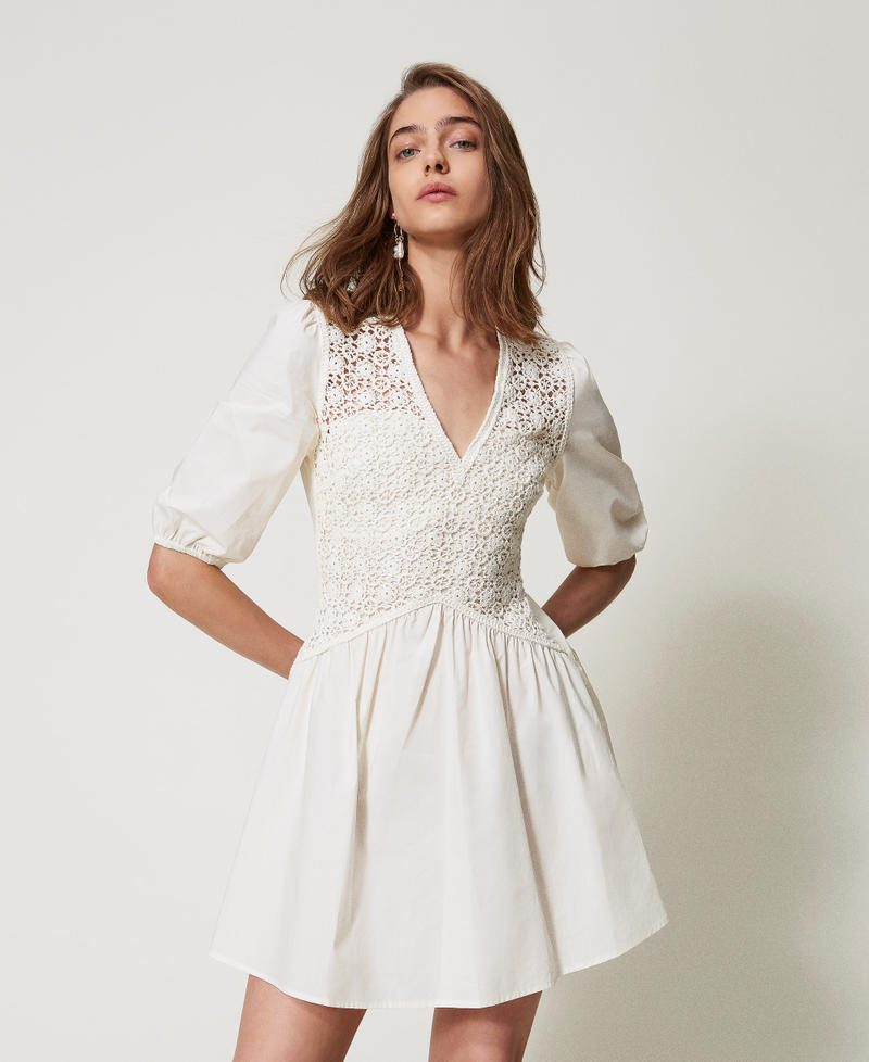 Short poplin dress with crochet detail White Snow Woman 251TT2081_00282_01