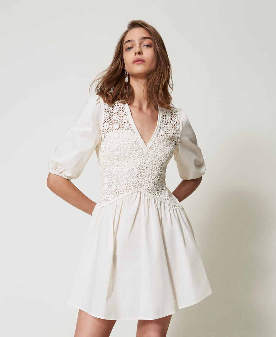 Short poplin dress with crochet detail White Snow Woman 251TT2081_00282_01