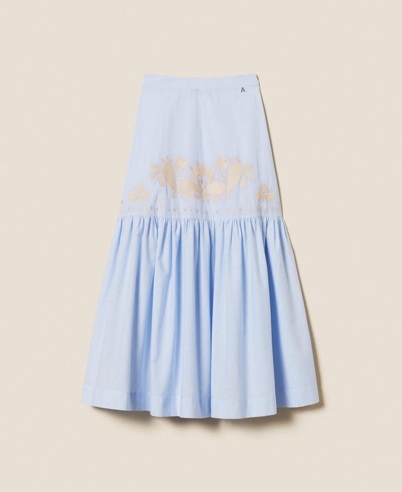 Gonna lunga a righe con balza e ricamo Off White / Light Blue Embroidery Pinstripe Donna 261AT2031_13391_S0