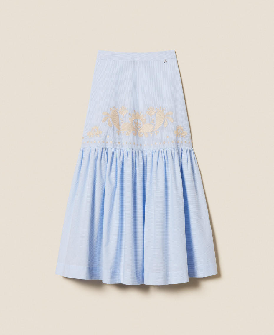 Gonna lunga a righe con balza e ricamo Off White / Light Blue Embroidery Pinstripe Donna 261AT2031_13391_S0