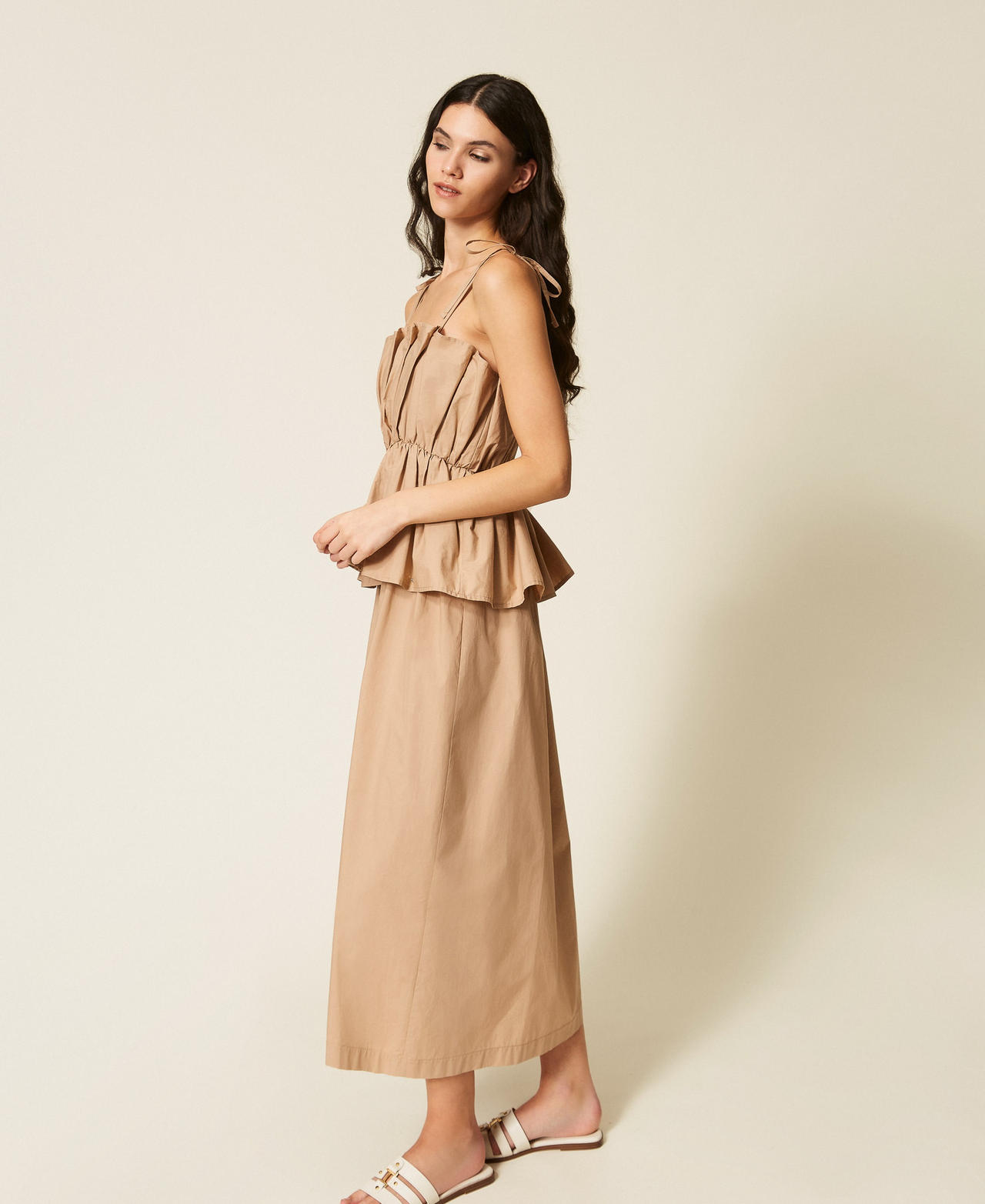 Long poplin dress with flounce Natural Beige Woman 261TF2030_12559_02