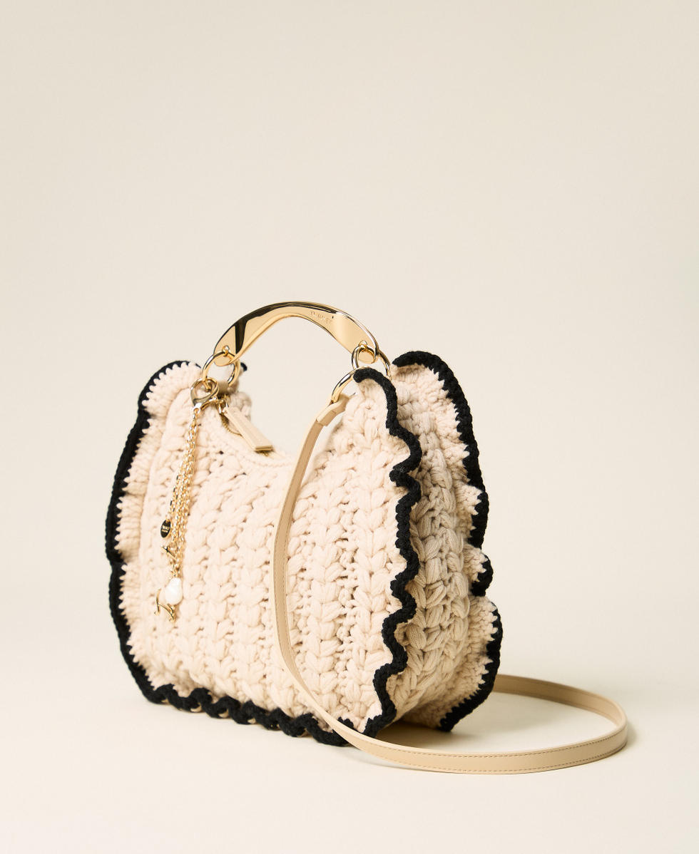 Borsa Croissant in maglia crochet Bicolor Beige "Parchment" / Nero Donna 262TB7290_13842_02