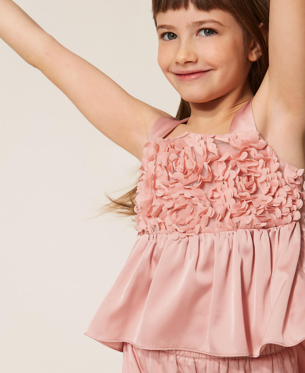 Top con rose e pantaloni in raso Pink Dancer Bambina 261GJ2Q61_10021_04