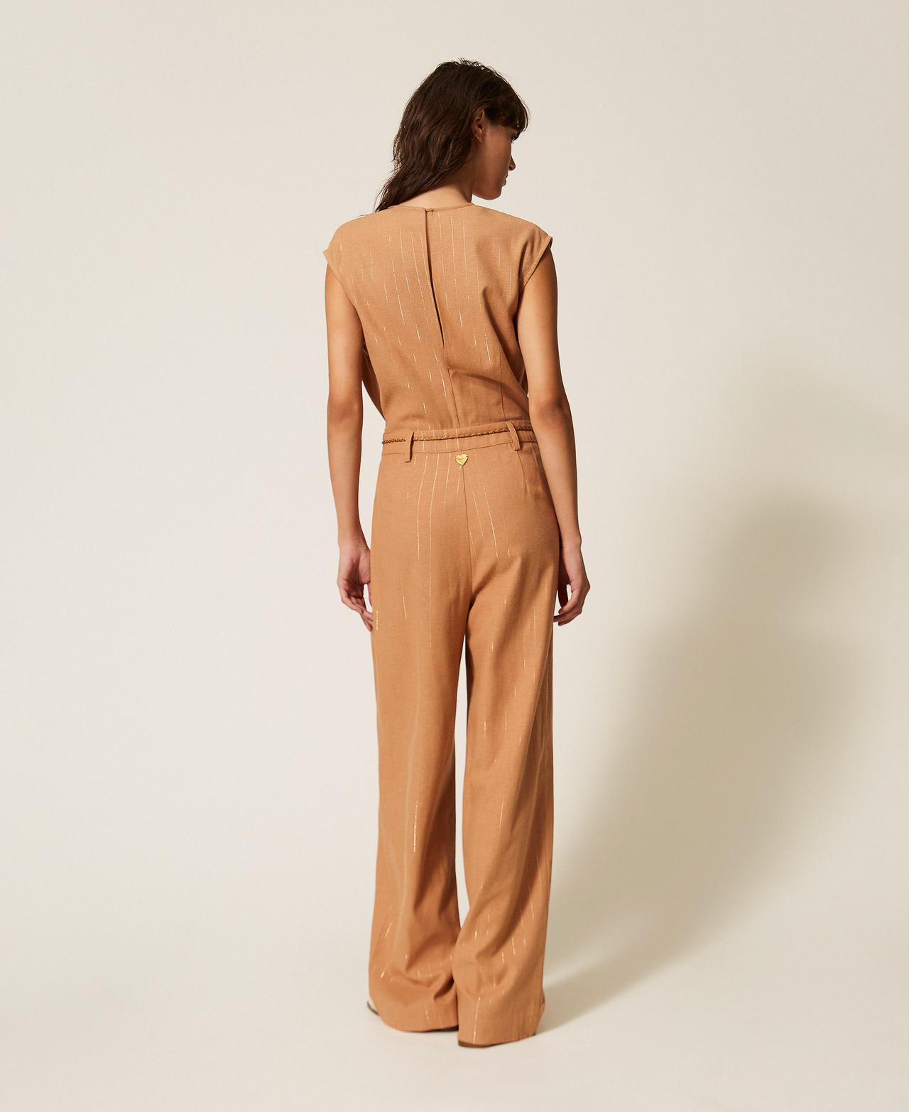 Pinstriped linen blend jumpsuit "Hazelnut” Brown Woman 261LB2QDD_10282_03