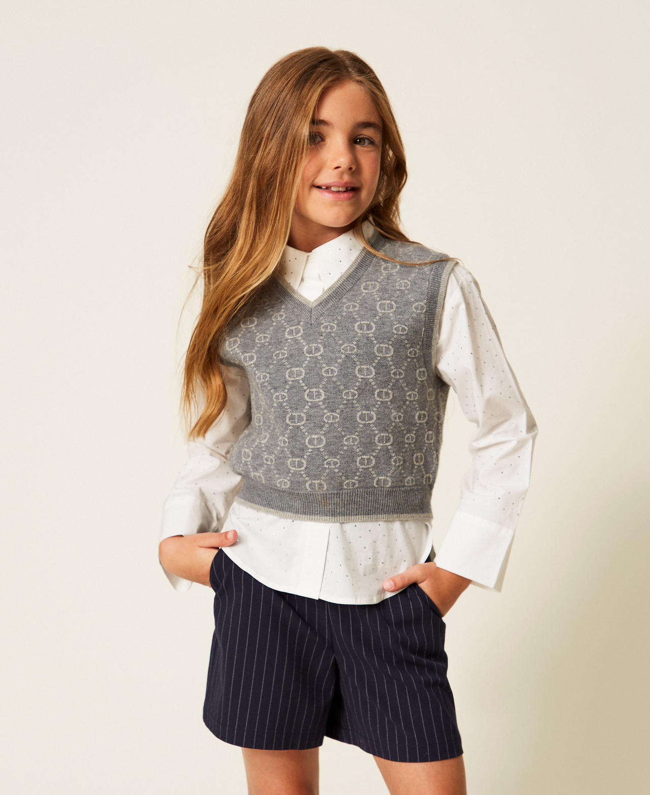 Jacquard knit sleeveless jumper with Oval T Mid Grey/Light Grey Micro Logo Girl 252GJ3023_12796_01