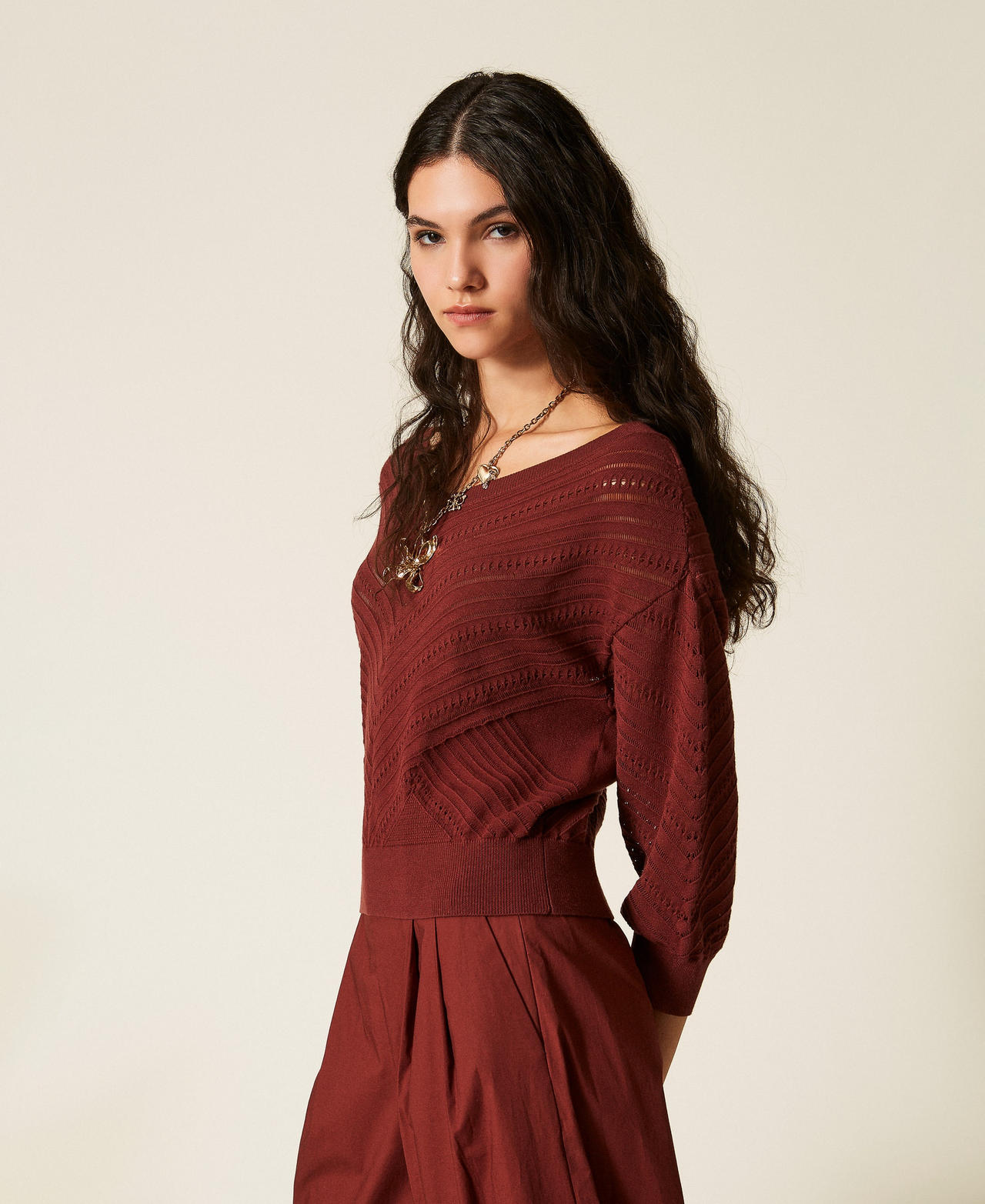 Actitude By Twinset Women's Brown Red Clay Chevron Openwork Jumper