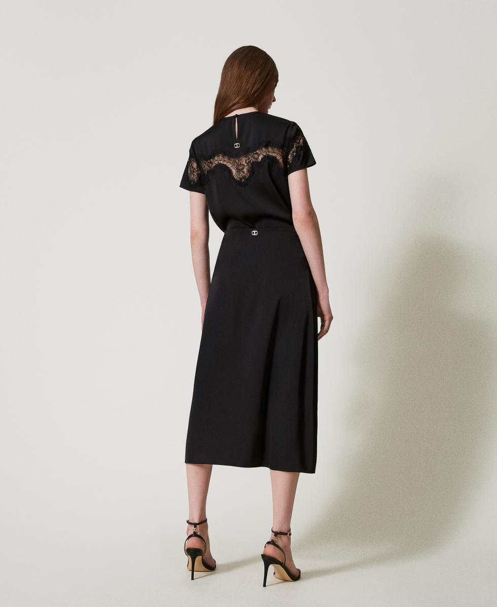 Satin and lace midi skirt Woman, Black | TWINSET Milano