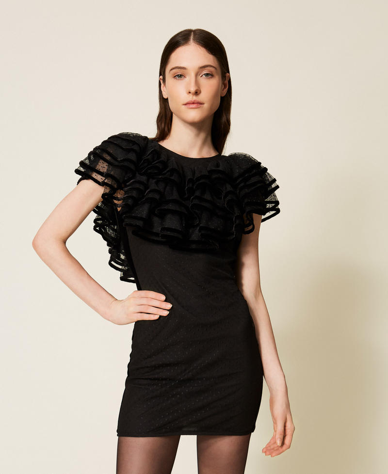 Plumetis tulle short dress with ruffle Black Woman 252TS2070_00006_01