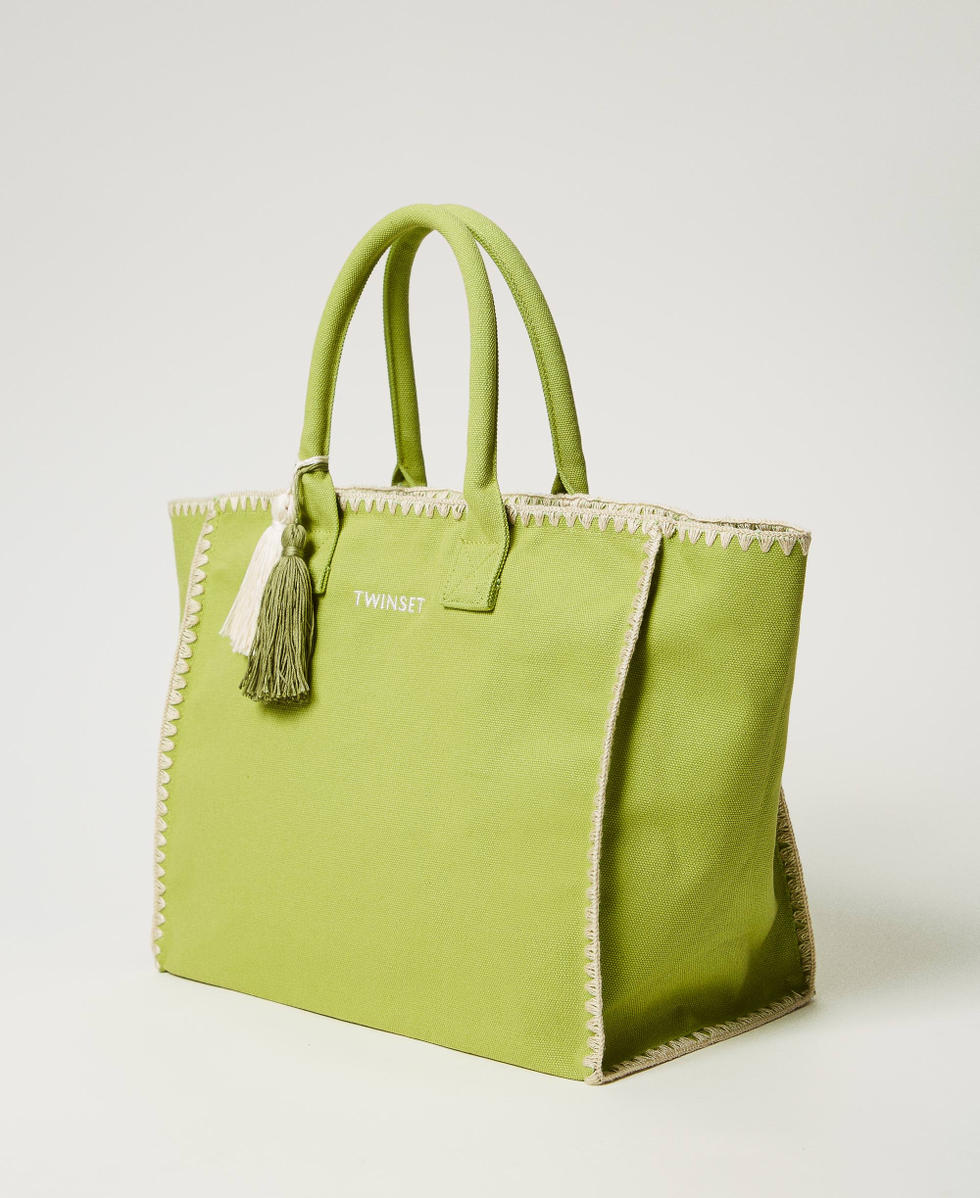 Canvas shopper bag with embroidery Green Grenoble Woman 251LB7AFF_12131_02