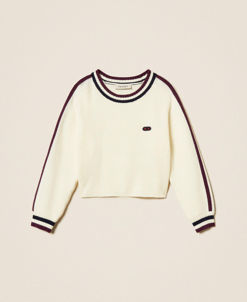 Pull côtelé avec bandes bicolores Blanc Papyrus Fille 252GJ3030_00435_S0