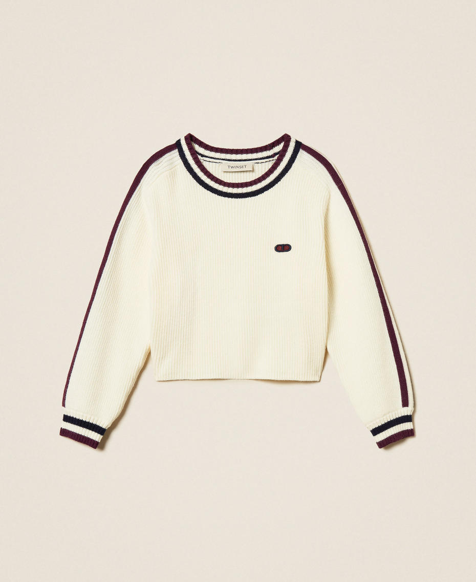 Pull côtelé avec bandes bicolores Blanc Papyrus Fille 252GJ3030_00435_S0