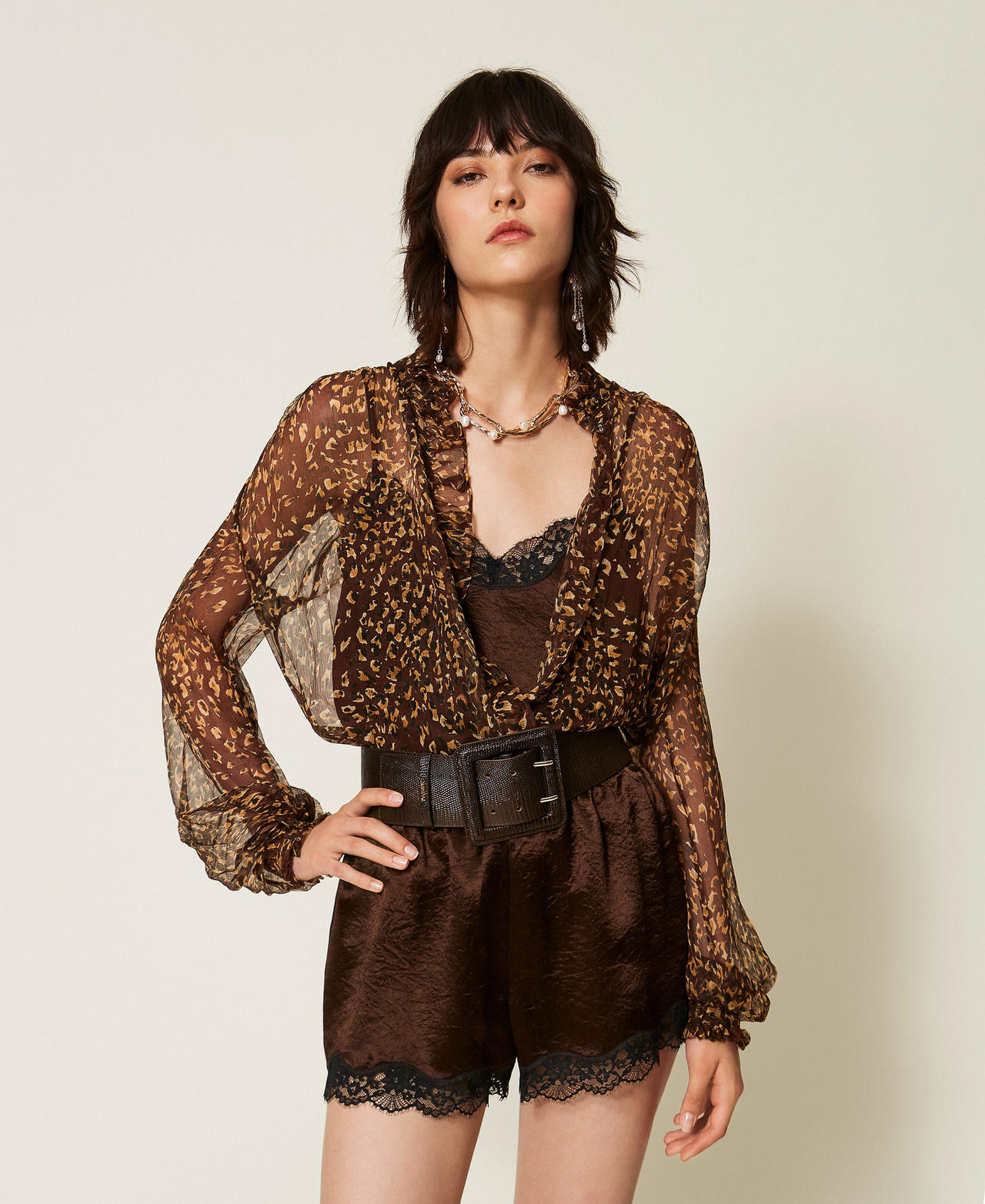 Leather belt with square buckle Karung Darkness Brown Print Woman 262TA4720_13674_A0