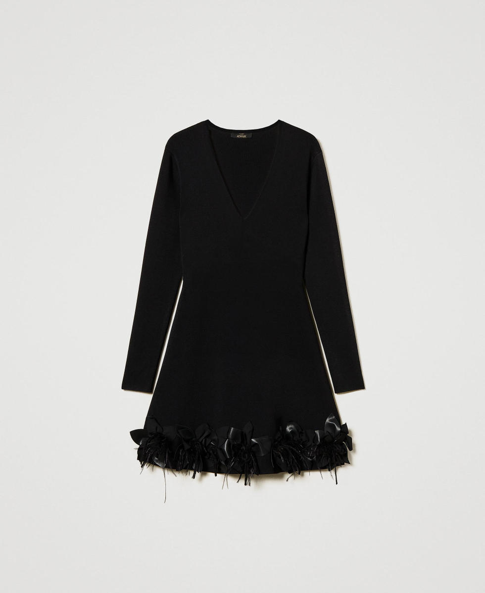 Short knit dress with flowers and feathers Woman, Black