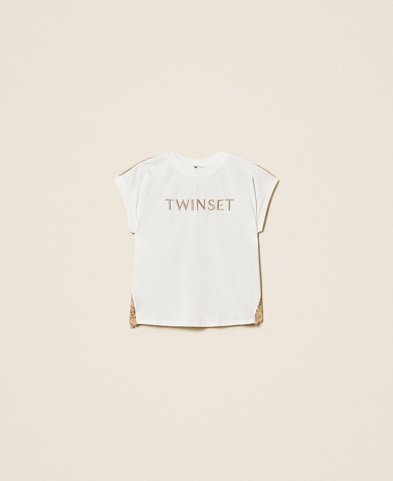 T-shirt con pizzo e logo ricamato Bicolor Off White / Incense Donna 261LL2ADD_13299_S0