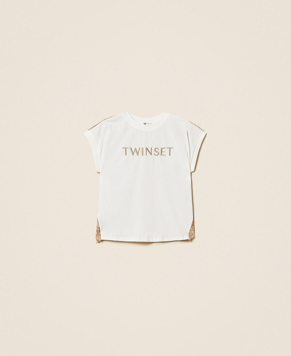 T-shirt con pizzo e logo ricamato Bicolor Off White / Incense Donna 261LL2ADD_13299_S0