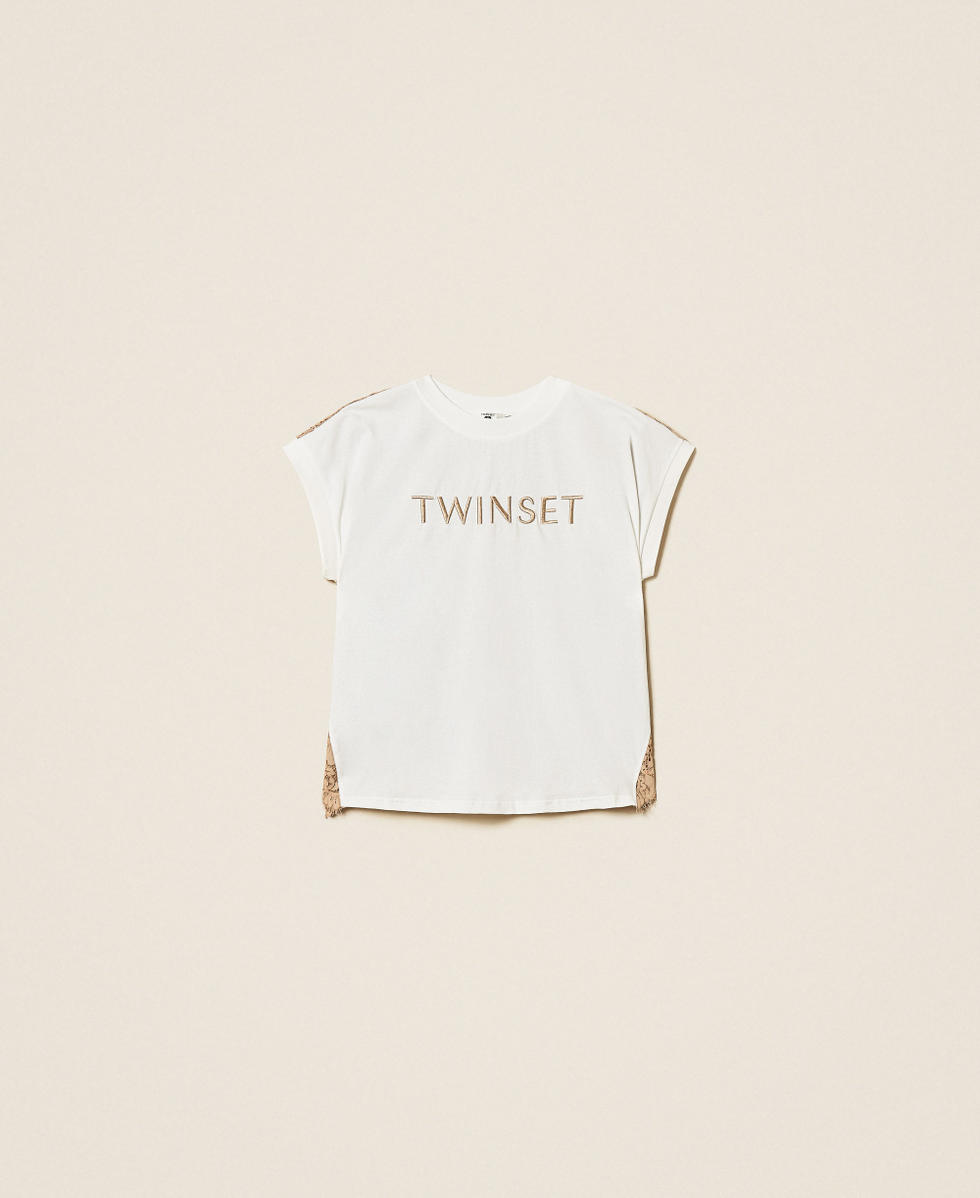 T-Shirt mit Spitze und gesticktem Logo Zweifarbig Off White/Incense Frau 261LL2ADD_13299_S0