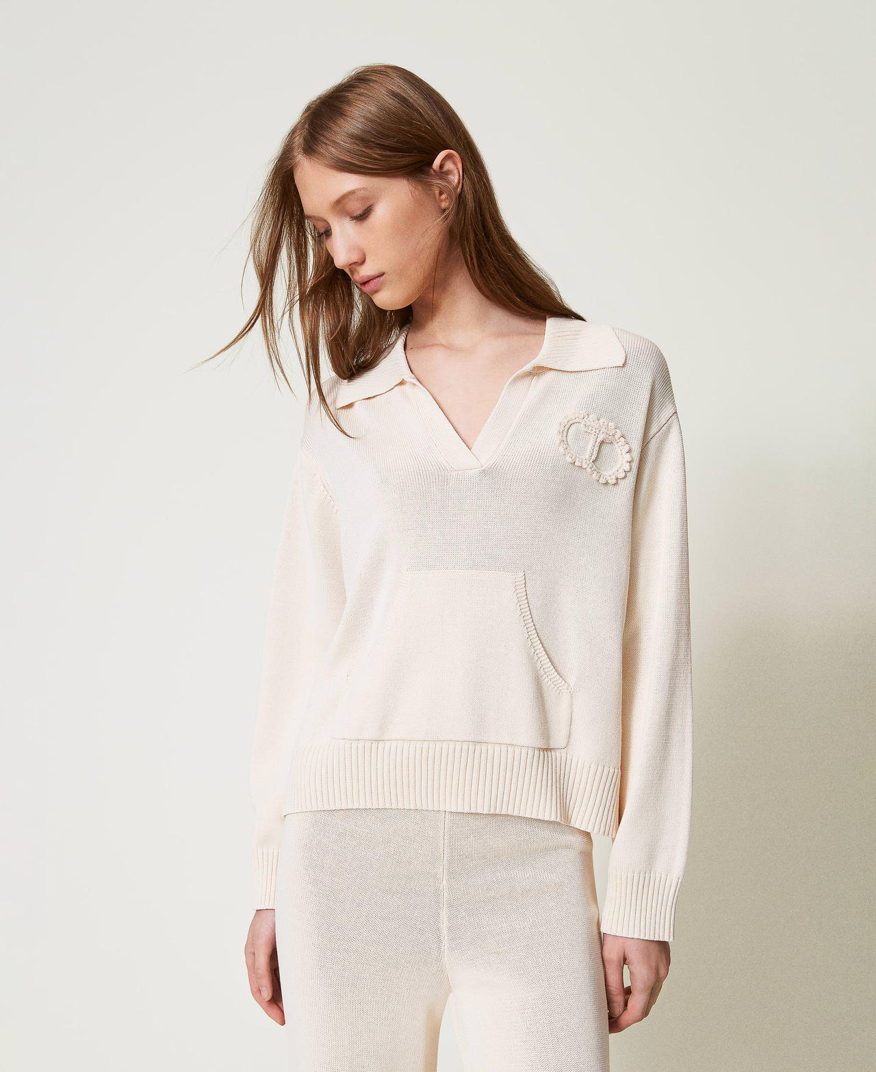 Pull en coton m&eacute;lang&eacute; avec patch en crochet Light Natural Femme 251TP3250_12227_01