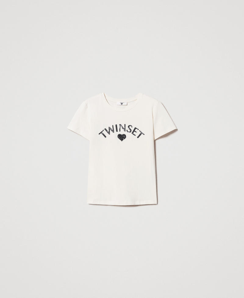 Regular fit T-shirt with sequin logo Beige Woman 251LL2SDD_00003_S0
