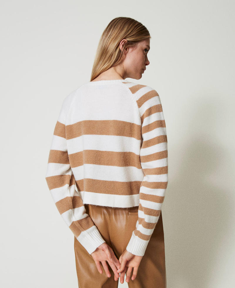 Two-tone striped cardigan Two-tone Snow White / Sandy Brown Woman 242TP3371_11918_03