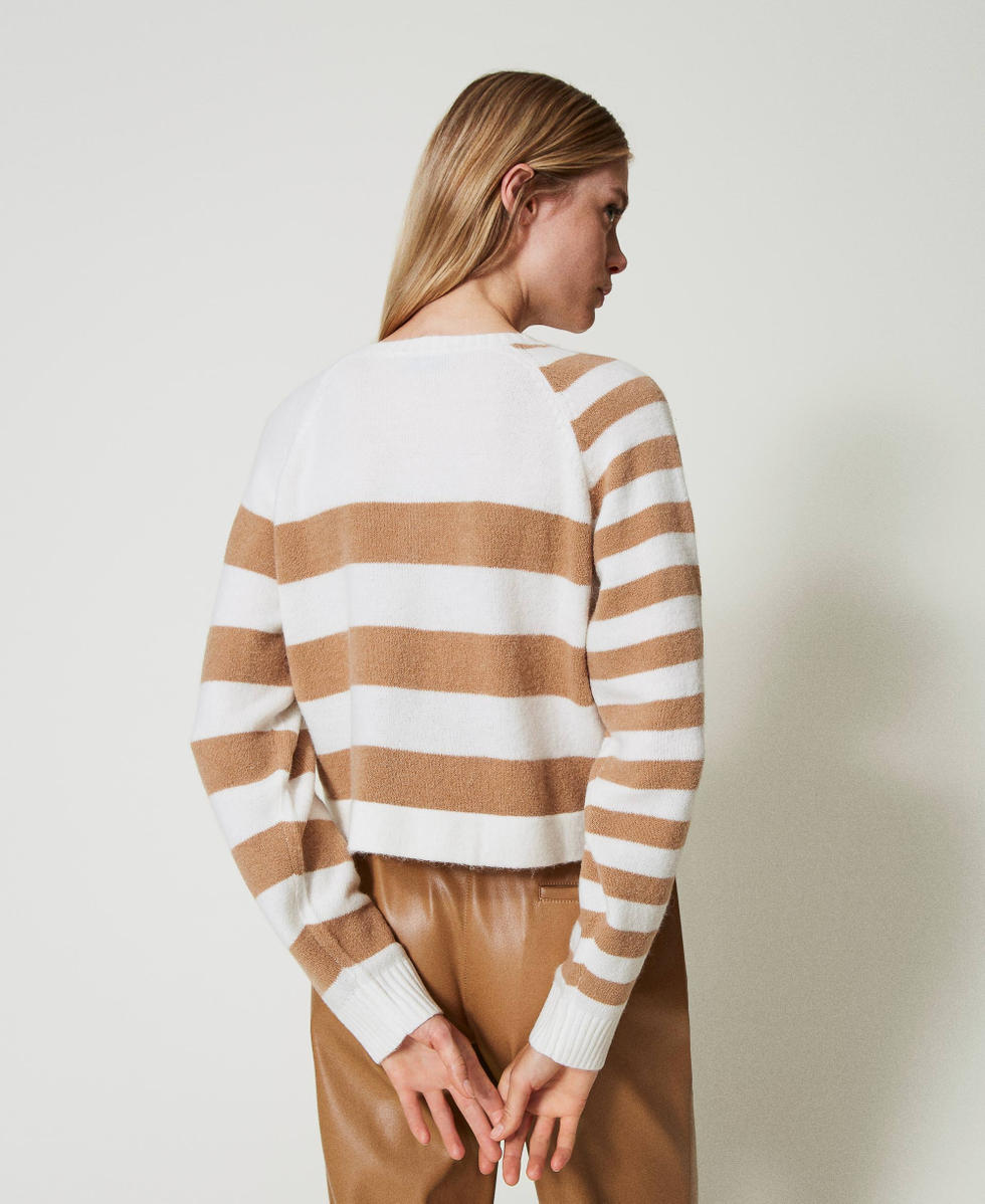 Two-tone striped cardigan Two-tone Snow White / Sandy Brown Woman 242TP3371_11918_03