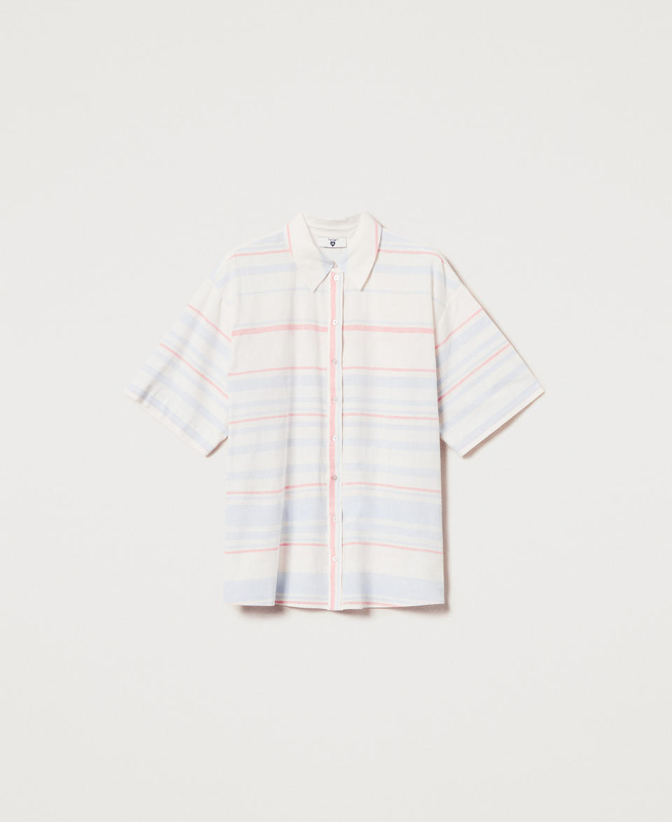 Camicia in misto lino a righe Riga Sugar / Coral Sunset / Blue Topaz Donna 251LM2LAA_12378_S0