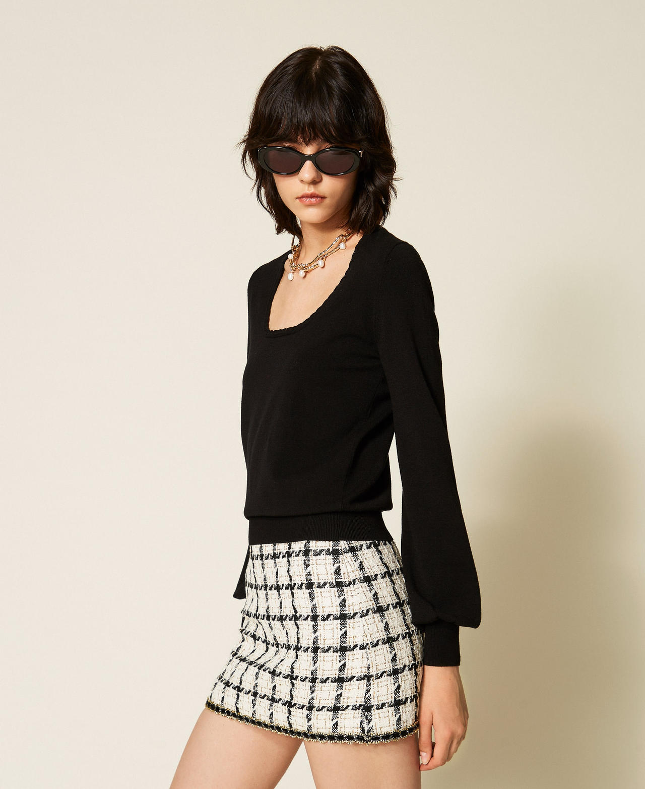 Twinset Women's Black Fitted Jumper With Crocheted Details