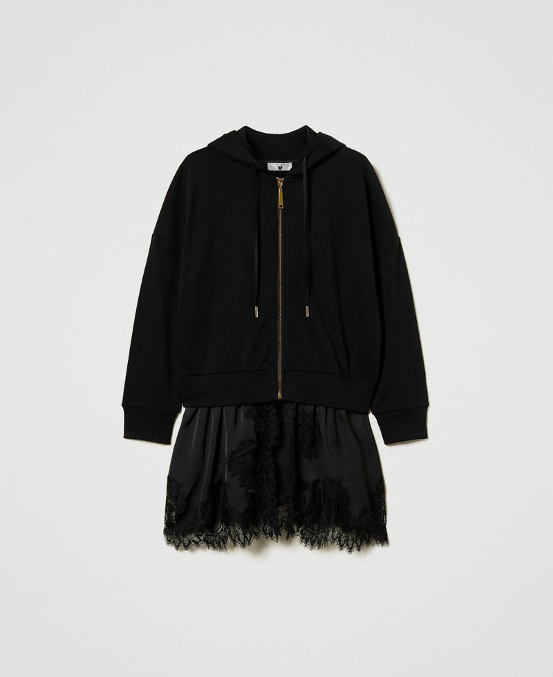 Hoodie with satin and lace Black Woman 242LI2HDD_00006_0S
