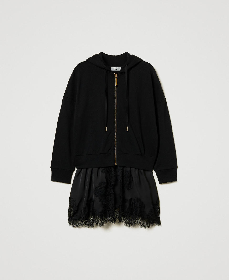 Hoodie with satin and lace Black Woman 242LI2HDD_00006_S0