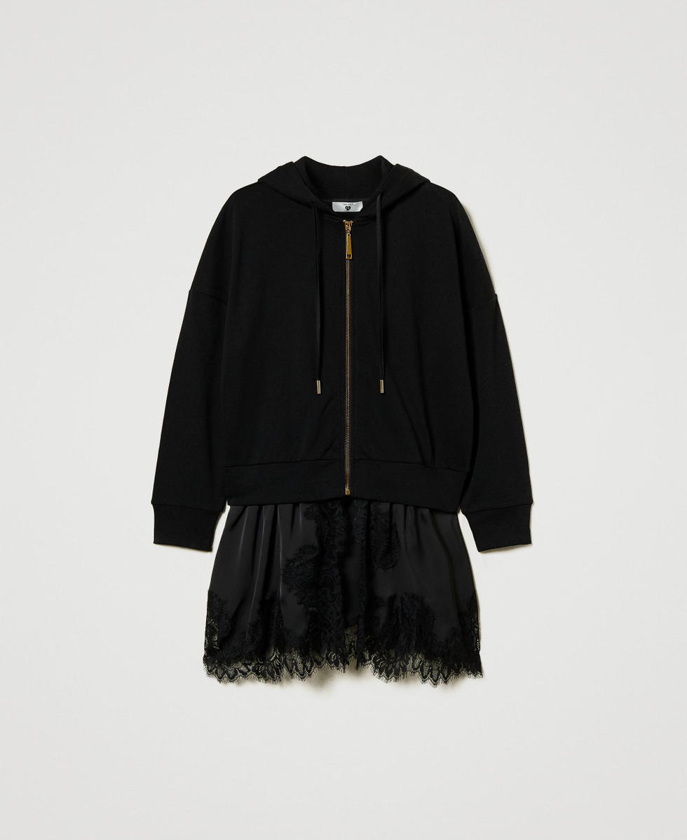 Hoodie with satin and lace Black Woman 242LI2HDD_00006_S0