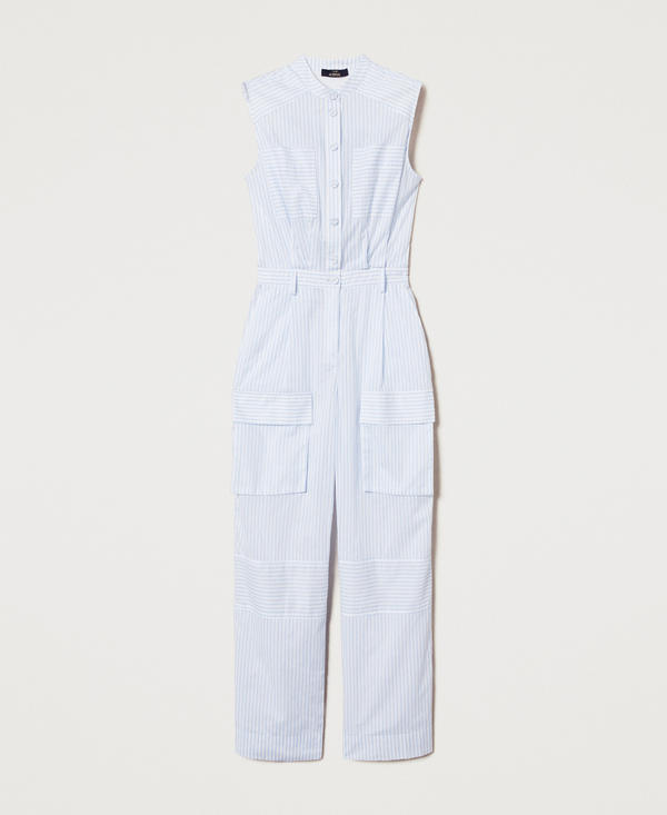 Full-length striped poplin jumpsuit