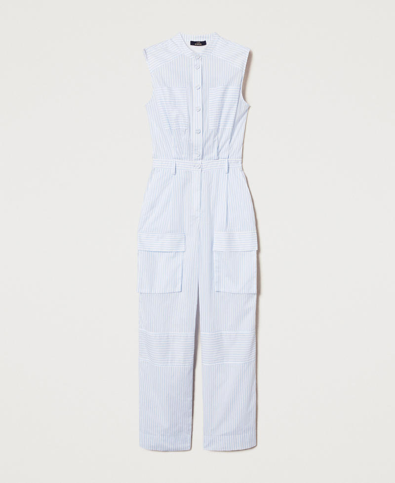 Full-length striped poplin jumpsuit Two-tone Papers White/Deep Light Blue Woman 251AX2051_12399_S0