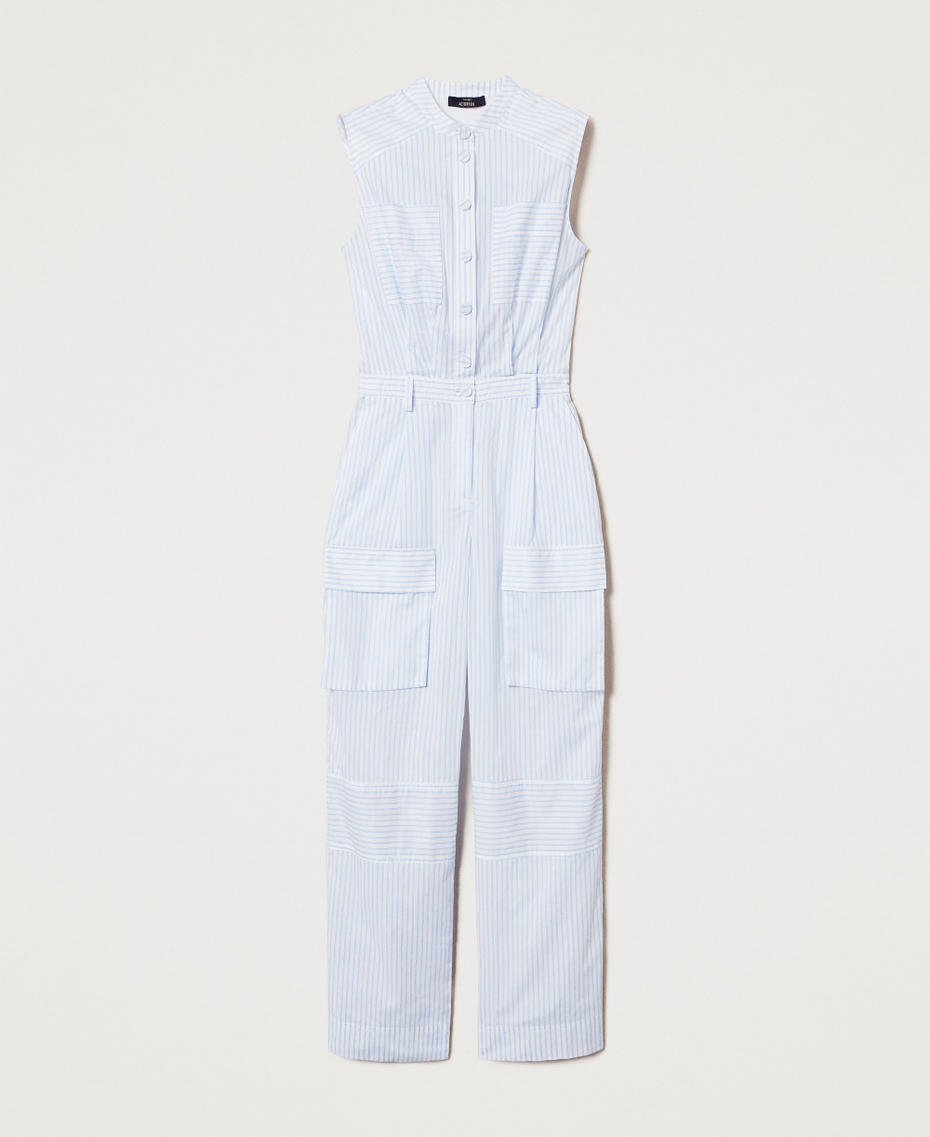 Full-length striped poplin jumpsuit Two-tone Papers White/Deep Light Blue Woman 251AX2051_12399_S0
