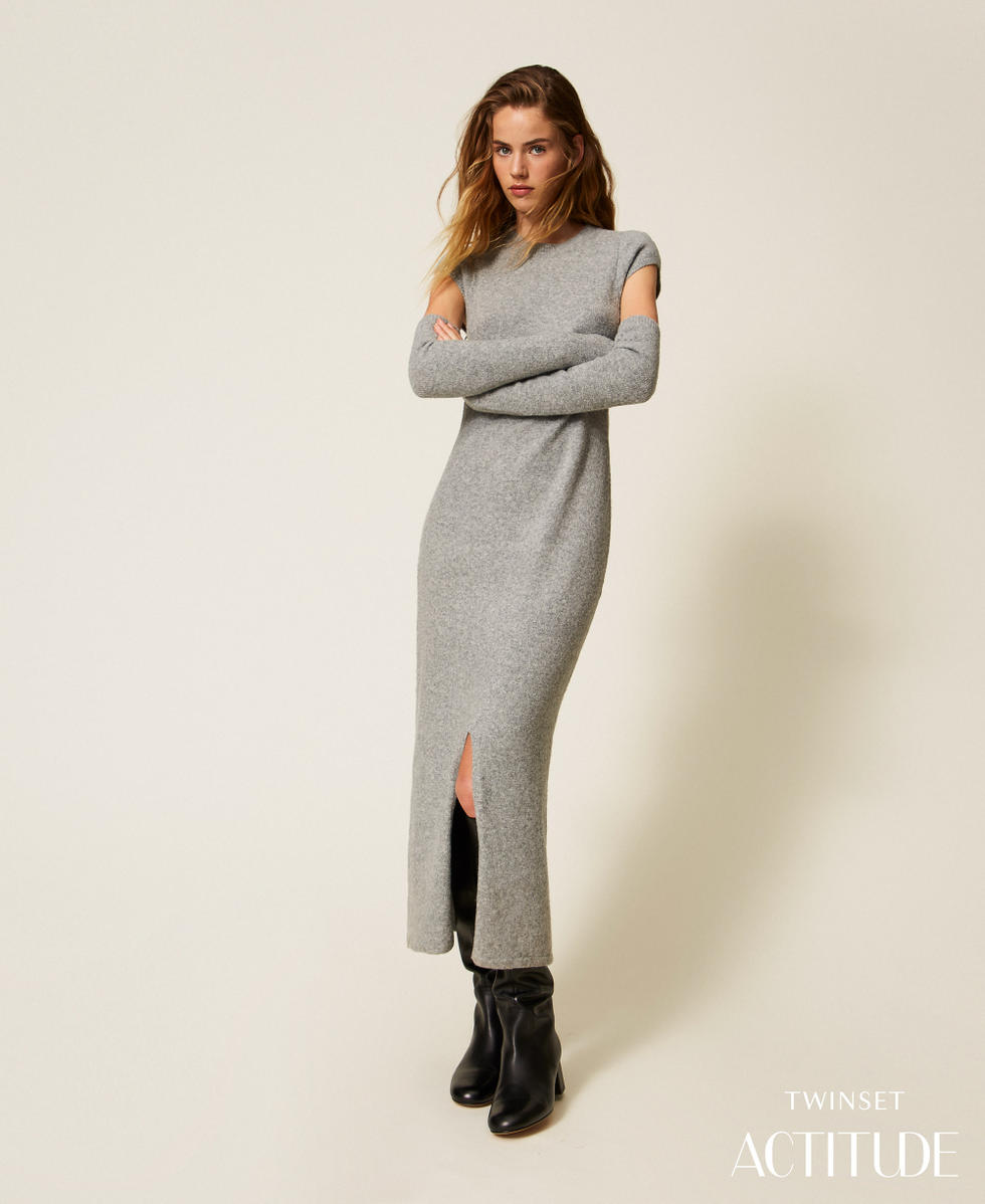 Recycled yarn long dress with removable sleeves Light Grey Melange Woman 252AP3161_11811_PA