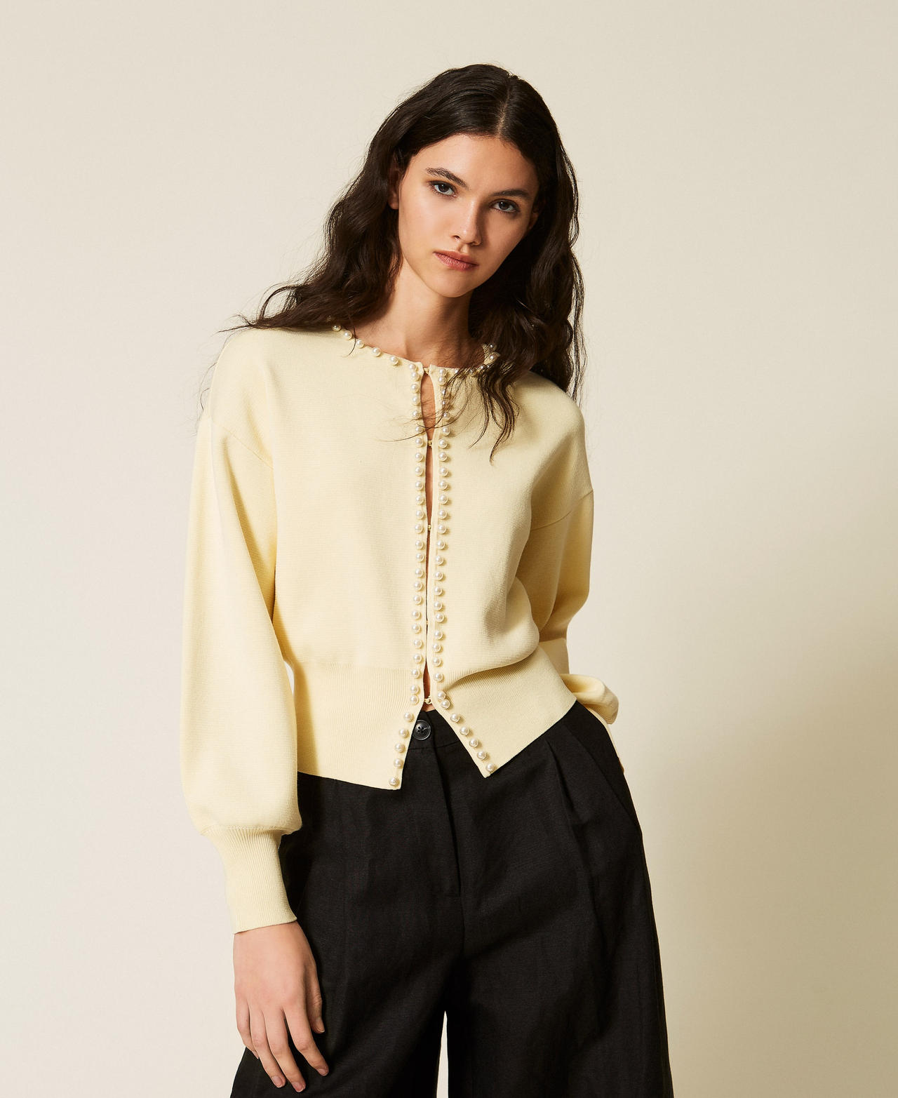 Cardigan with pearl embroidery Double Cream Yellow Woman 261LL3CBB_12842_01