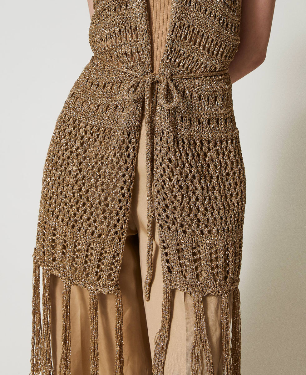 Openwork knit sleeveless cardigan with lurex Rope Beige Woman 251TA4360_12145_04