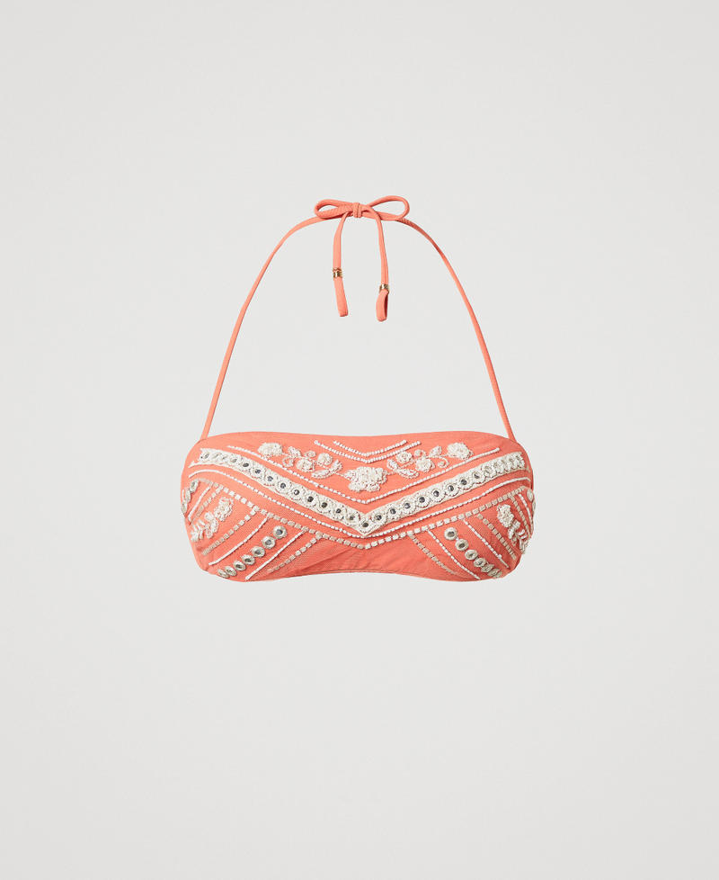 Bandeau-Bikinitop mit Stickerei Stickerei Coral Sunset / Almond Beige Frau 251LMMF11_12375_S0