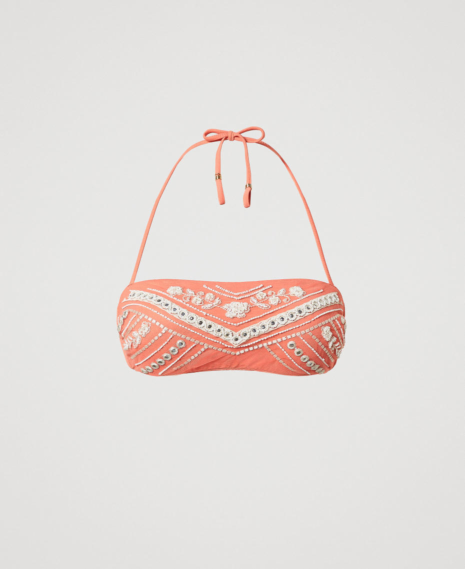 Bandeau-Bikinitop mit Stickerei Stickerei Coral Sunset / Almond Beige Frau 251LMMF11_12375_S0