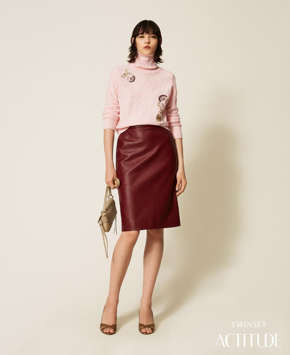 Falda midi de efecto piel Rojo "Ruibarbo" Mujer 262AP2293_13643_PA